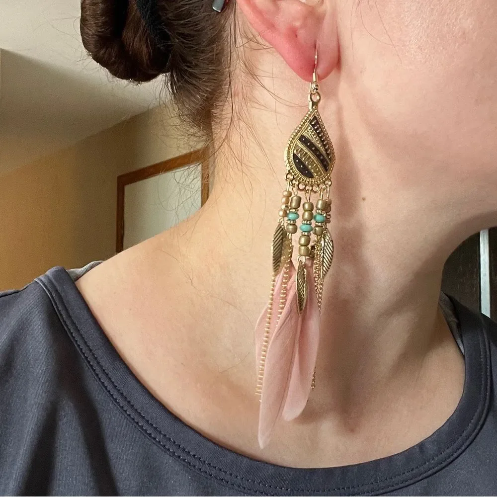 Vintage Style Feather Tassel Earrings‎ with Stainless Steel studs